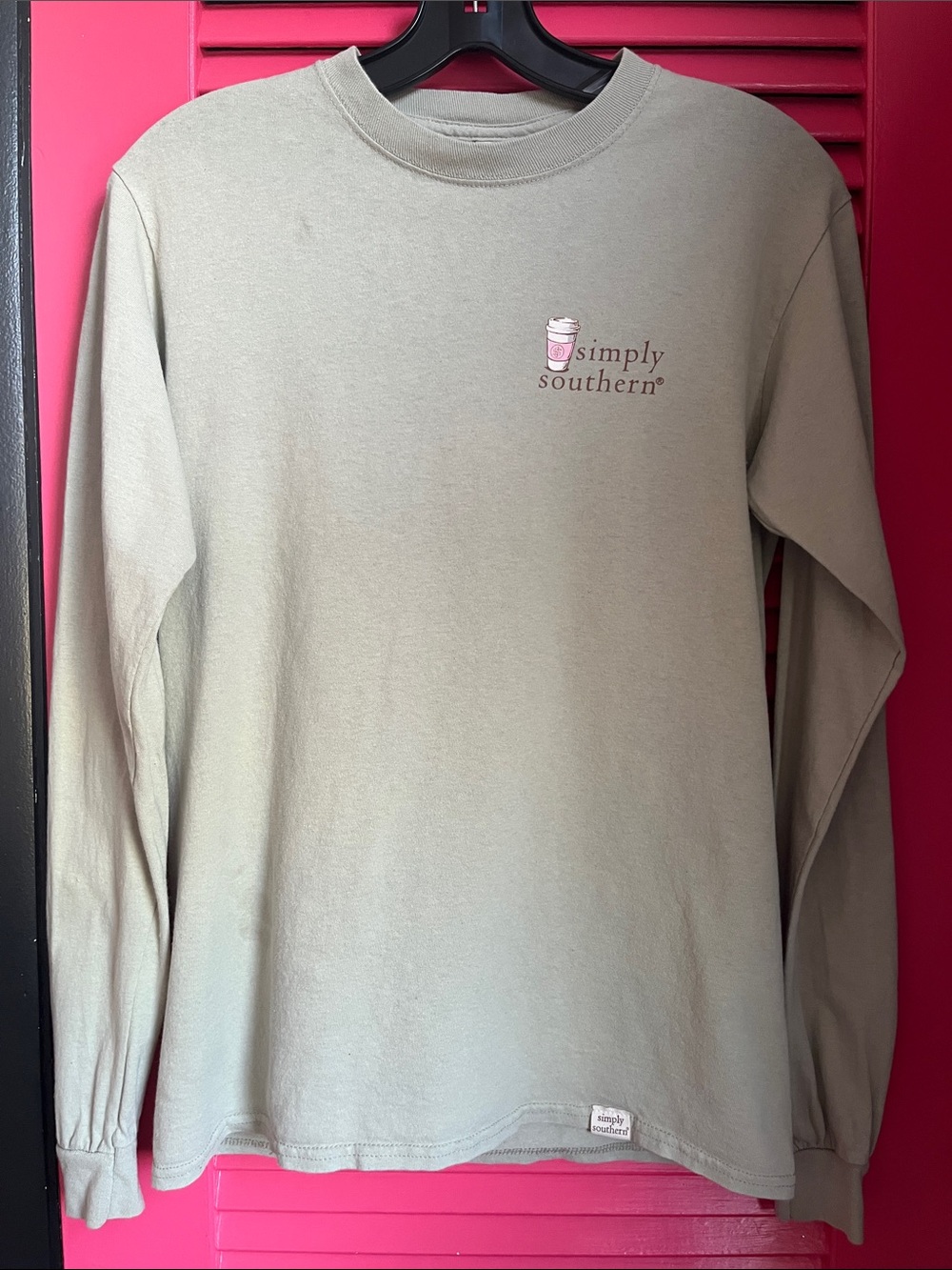 Simply Southern Sage Long Sleeve Tee with Pink & Leopard Coffee Graphic - Picture 9 of 15